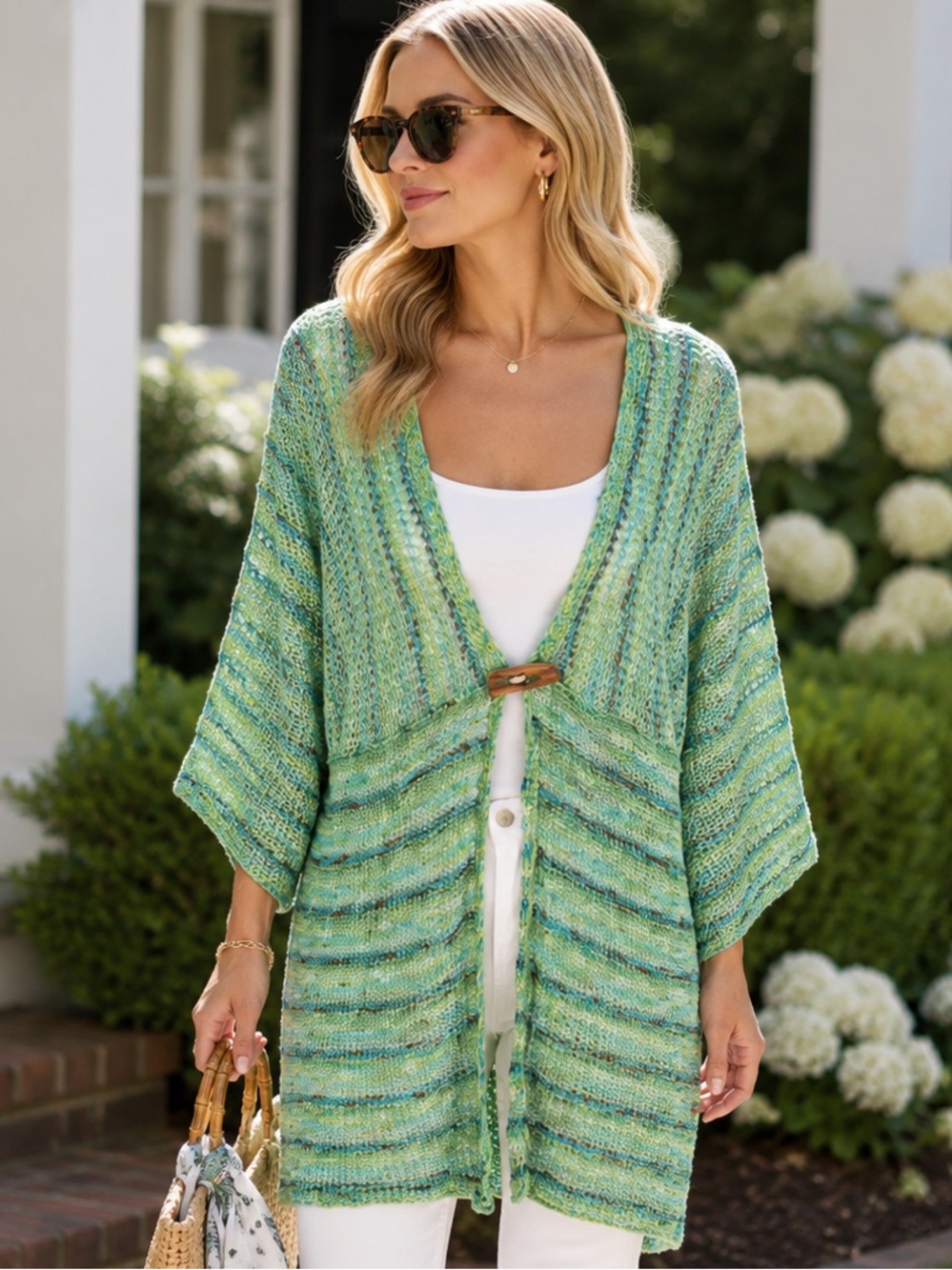 COLDWATER CREEK Space-Dyed Green Single Button Green Kimono Sleeve Cardigan, L